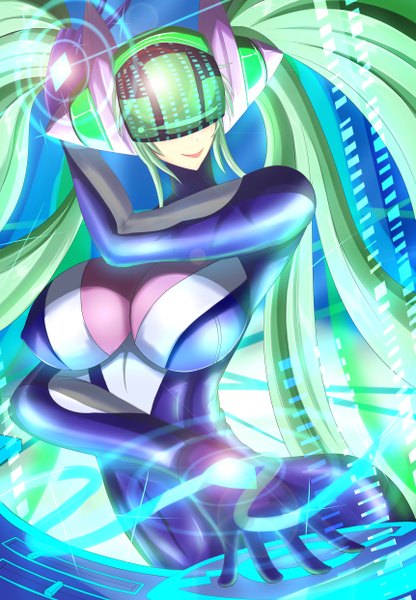 Anime picture 3444x4960 with league of legends sona buvelle torahime (roland00) single tall image highres breasts light erotic smile absurdres very long hair green hair huge breasts girl bodysuit helmet