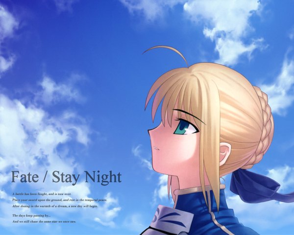 Anime picture 1280x1024 with fate (series) fate/stay night studio deen type-moon artoria pendragon (all) saber single fringe blonde hair green eyes sky cloud (clouds) ahoge braid (braids) profile copyright name text looking up english third-party edit