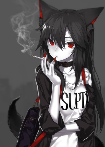 Anime picture 2584x3616 with touhou imaizumi kagerou hitoshi single long hair tall image looking at viewer fringe highres simple background hair between eyes red eyes standing holding animal ears payot tail nail polish animal tail fingernails