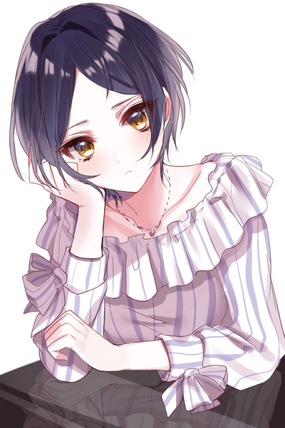 Anime picture 1333x2000 with idolmaster idolmaster cinderella girls hayami kanade sinsihukunokonaka single tall image looking at viewer blush fringe short hair simple background white background yellow eyes upper body head tilt off shoulder reflection striped chin rest dark hair