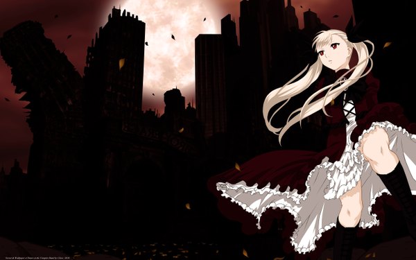 Anime picture 2560x1600 with dance in the vampire bund shaft (studio) mina tepes cilou (artist) long hair highres blonde hair red eyes wide image twintails loli ruins girl dress
