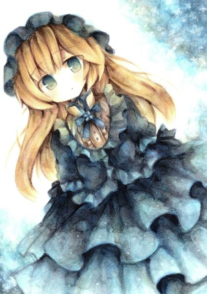 Anime picture 1447x2047 with sound horizon roman hortense wiriam07 single long hair tall image looking at viewer blush blue eyes blonde hair dutch angle expressionless traditional media gothic girl dress frills headdress blue dress