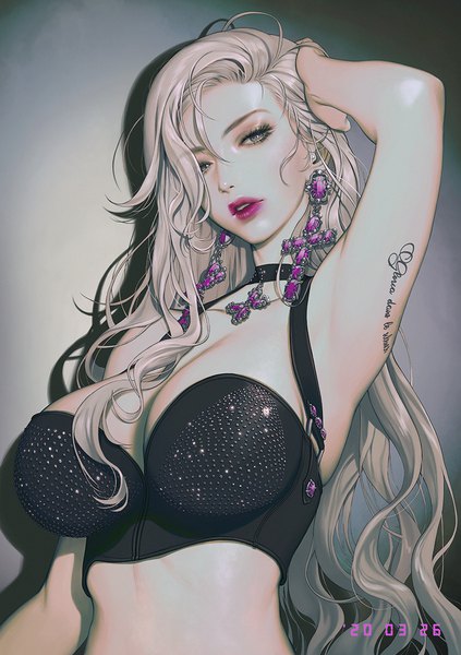 Anime picture 845x1200 with original yoyayogurt single long hair tall image looking at viewer fringe breasts light erotic simple background blonde hair cleavage arm up hair over one eye realistic grey background grey eyes tattoo lipstick huge breasts