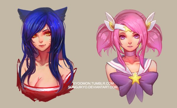 Anime picture 877x536 with league of legends ahri (league of legends) lux (league of legends) star guardian lux songjikyo long hair looking at viewer short hair breasts light erotic simple background wide image purple eyes bare shoulders multiple girls animal ears yellow eyes blue hair pink hair fox ears
