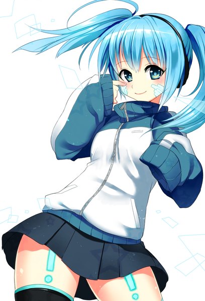 Anime picture 768x1128 with kagerou project shaft (studio) ene (kagerou project) wadani hitonori single long hair tall image looking at viewer blush fringe blue eyes simple background smile white background twintails blue hair long sleeves zettai ryouiki girl thighhighs