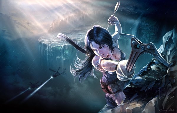 Anime picture 1688x1075 with tomb raider lara croft aalge single long hair open mouth blue eyes black hair signed looking away cleavage ponytail from above sunlight rain mountain climbing girl weapon shorts
