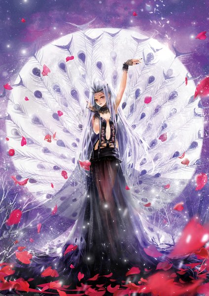 Anime-Bild 835x1181 mit original wallace (artist) single tall image looking at viewer breasts standing purple eyes purple hair very long hair nail polish fingernails lips armpit (armpits) legs bare tree girl navel plant (plants) petals