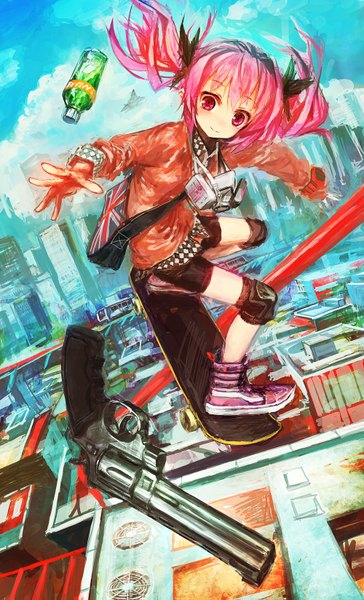 Anime picture 1000x1647 with lm7 (op-center) single long hair tall image smile twintails pink hair cloud (clouds) pink eyes cityscape jumping girl ribbon (ribbons) weapon hair ribbon shorts gun bag clock bottle