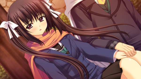 Anime picture 1280x720 with world wide love! (game) long hair black hair red eyes wide image twintails game cg girl uniform school uniform scarf