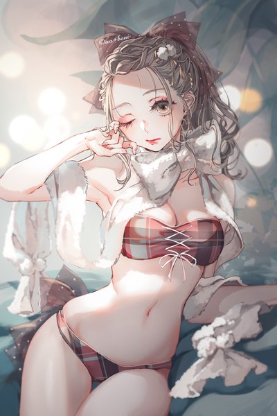Anime picture 1700x2550 with original ao+beni single long hair tall image fringe breasts light erotic brown hair sitting brown eyes signed looking away one eye closed arm up thigh gap lacing girl navel underwear