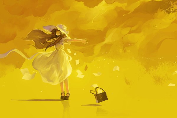 Anime picture 2048x1366 with original hanyijie single long hair highres smile brown hair standing eyes closed wind shadow spread arms yellow background girl dress hat white dress bag paper