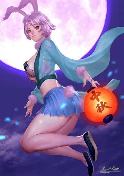 Anime picture 635x900 with original ariver kao single tall image looking at viewer short hair breasts light erotic red eyes animal ears purple hair tail animal tail bunny ears bunny girl bunny tail girl skirt miniskirt moon