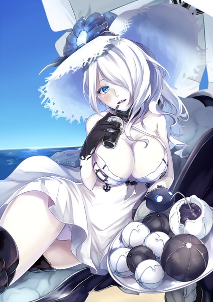 Anime picture 707x1000 with kantai collection seaport summer hime kito koruta single long hair tall image looking at viewer blush fringe breasts open mouth blue eyes light erotic large breasts white hair hair over one eye pantyshot shinkaisei-kan girl dress