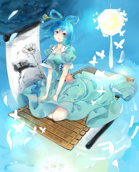 Anime picture 1210x1500 with touhou kaku seiga nutoa single tall image short hair blue eyes blue hair girl dress hair ornament petals insect butterfly
