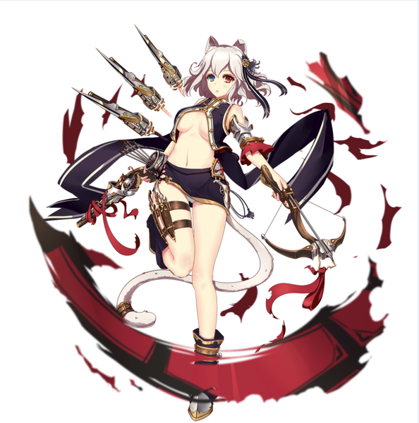 Anime picture 919x929 with x2 single tall image fringe short hair breasts blue eyes light erotic simple background red eyes white background animal ears bent knee (knees) white hair tail animal tail cat ears cat girl cat tail heterochromia