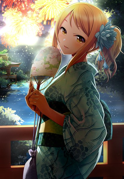 Anime picture 900x1300 with idolmaster idolmaster cinderella girls houjou karen kazu single long hair tall image looking at viewer blush blonde hair brown eyes payot ponytail traditional clothes japanese clothes hair flower turning head fireworks girl hair ornament