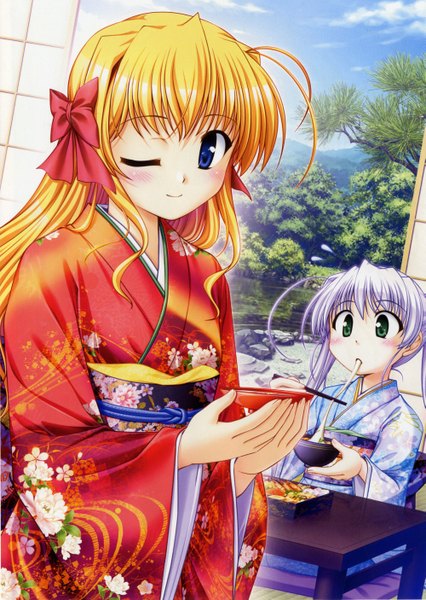 Anime picture 1997x2812 with fortune arterial august soft sendou erika tougi shiro long hair tall image highres blue eyes blonde hair green eyes purple hair japanese clothes one eye closed wink loli girl kimono