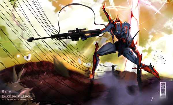 Anime picture 1700x1037 with bleach neon genesis evangelion studio pierrot gainax ifragmentix wide image yellow eyes horn (horns) inscription coloring crossover mechanical power flower (flowers) weapon robot mecha