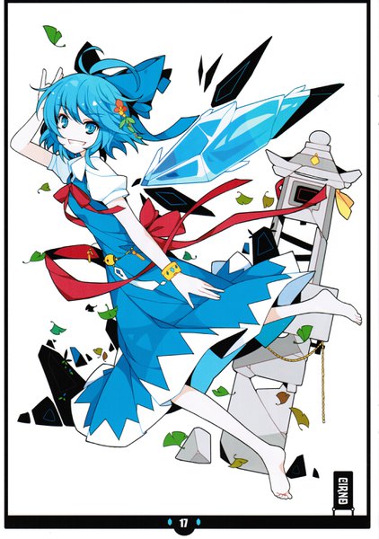 Anime picture 2104x2988 with touhou cirno ideolo single tall image looking at viewer highres short hair blue eyes smile blue hair ahoge barefoot scan character names grin border pale skin girl dress