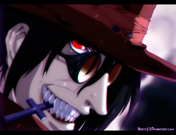 Anime picture 1024x788 with hellsing alucard (hellsing) airest27 single long hair black hair smile red eyes holding grin coloring mouth hold close-up face boy hat glasses cross