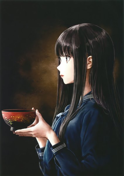 Anime picture 2121x3000 with original eshi 100-nin ten kazuharu kina single long hair tall image fringe highres black hair holding brown eyes payot looking away upper body blunt bangs profile scan dark background girl uniform