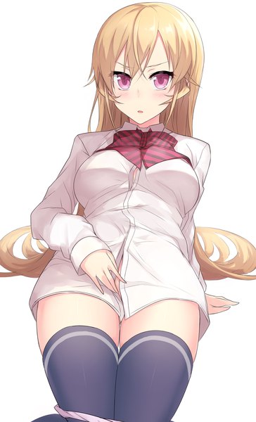 Anime picture 2186x3600 with shokugeki no soma j.c. staff nakiri erina ichijou (kr neru0) single long hair tall image looking at viewer blush fringe highres open mouth light erotic blonde hair simple background white background pink eyes arm support :o panty pull