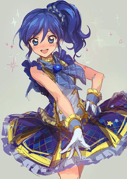 Anime picture 750x1061 with aikatsu! kiriya aoi lm7 (op-center) single long hair tall image looking at viewer blush open mouth blue eyes simple background blue hair ponytail grey background sparkle girl dress gloves white gloves star (symbol)