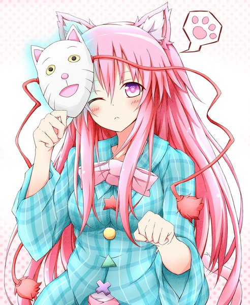 Anime picture 820x1000 with touhou hata no kokoro karamoneeze single long hair tall image blush breasts purple eyes holding animal ears upper body tail long sleeves animal tail one eye closed pink eyes cat ears wide sleeves cat girl