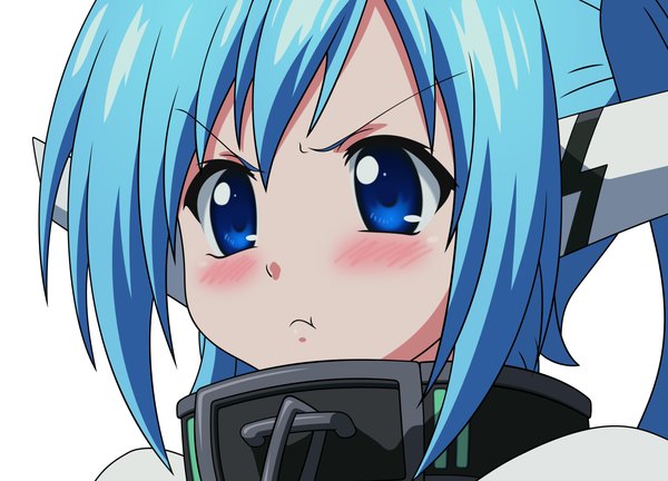 Anime picture 5000x3600 with sora no otoshimono nymph (sora no otoshimono) spanuel single long hair blush fringe highres blue eyes simple background white background payot blue hair looking away absurdres face :t pout girl collar