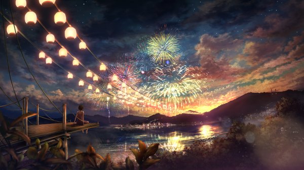 Anime picture 2667x1500 with original ixaga single highres short hair brown hair wide image sitting sky cloud (clouds) lens flare evening sunset mountain scenic city lights river fireworks girl plant (plants)