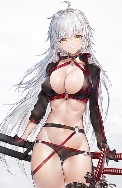 Anime picture 1772x2717 with fate (series) fate/grand order jeanne d'arc (fate) (all) jeanne d'arc alter (fate) jeanne d'arc alter (swimsuit berserker) (fate) horz single long hair tall image looking at viewer fringe highres breasts light erotic simple background hair between eyes large breasts white background yellow eyes silver hair