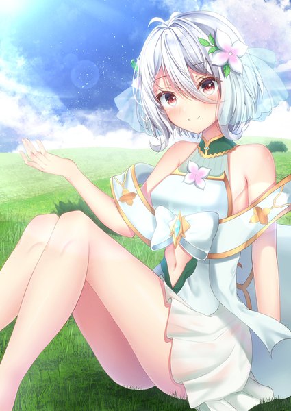 Anime-Bild 1451x2048 mit princess connect! re:dive princess connect! kokkoro (princess connect!) nagi aoi single tall image looking at viewer blush fringe short hair breasts smile hair between eyes red eyes sitting bare shoulders payot sky silver hair cloud (clouds)