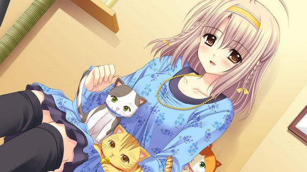 Аниме картинка 1280x720 с world wide love! (game) touno sakurako короткие волосы светлые волосы широкое изображение карие глаза game cg девушка кот (кошка)