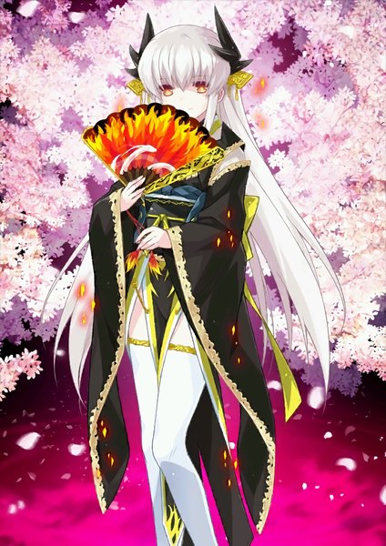 Anime picture 819x1158 with fate (series) fate/grand order type-moon kiyohime (fate) black (artist) single long hair tall image looking at viewer fringe smile standing holding yellow eyes white hair long sleeves traditional clothes japanese clothes horn (horns) wide sleeves