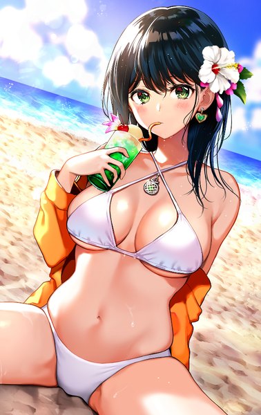 Anime picture 642x1017 with original nishizawa single long hair tall image looking at viewer blush fringe breasts light erotic black hair hair between eyes large breasts sitting holding green eyes sky cloud (clouds) outdoors hair flower