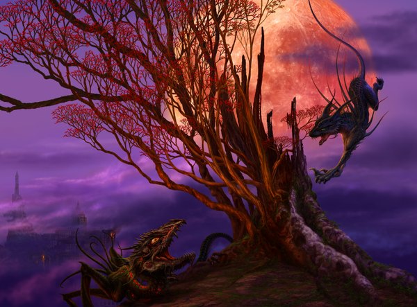 Anime picture 1354x1000 with original ucchiey tail fantasy battle plant (plants) tree (trees) moon dragon castle creature