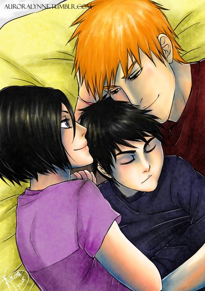 Anime picture 1280x1813 with bleach studio pierrot kurosaki ichigo kuchiki rukia aurora lynne tall image short hair black hair smile purple eyes brown eyes lying eyes closed profile light smile orange hair multiple boys hug happy sleeping