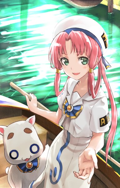 Anime picture 578x900 with aria mizunashi akari aria pokoteng tea (nakenashi) single long hair tall image looking at viewer blush fringe open mouth smile green eyes payot pink hair from above outstretched hand river girl uniform