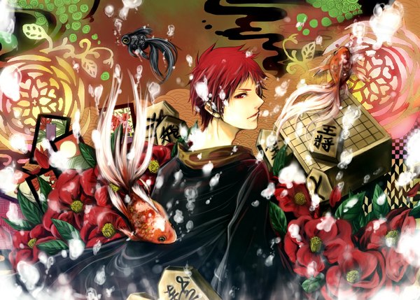 Anime picture 1093x783 with kuroko no basket production i.g kagami taiga short hair red eyes red hair traditional clothes heterochromia game boy flower (flowers) fish (fishes)