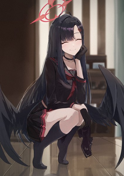 Anime picture 2480x3508 with blue archive ichika (blue archive) jiang zhuti jiojio single long hair tall image highres black hair smile full body ahoge indoors eyes closed no shoes squat ^ ^ black wings head rest shoes removed low wings