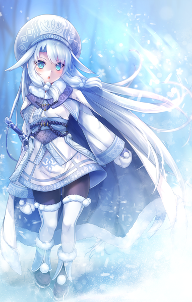 Anime picture 2000x3146 with fate (series) fate/grand order illyasviel von einzbern sitonai samoore single tall image looking at viewer blush highres open mouth blue eyes standing blue hair full body very long hair wind :o fur trim snowing