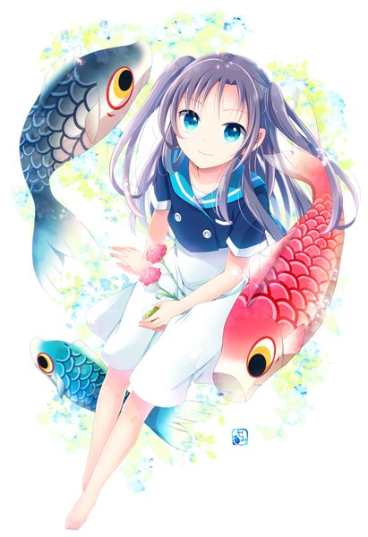 Anime picture 800x1166 with original goma (11zihisin) single long hair tall image looking at viewer blue eyes black hair sitting light smile two side up kodomo no hi girl dress flower (flowers) fish (fishes) koinobori