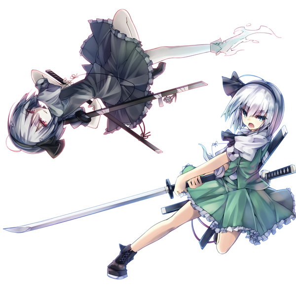 Anime picture 1500x1500 with touhou konpaku youmu teco uk short hair open mouth blue eyes simple background red eyes white background multiple girls silver hair girl dress skirt weapon 2 girls sword boots hairband katana