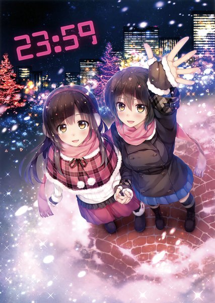 Anime-Bild 2494x3500 mit original alpha (yukai na nakamatachi) long hair tall image looking at viewer blush highres open mouth brown hair multiple girls brown eyes arm up from above scan night holding hands snowing new year time girl