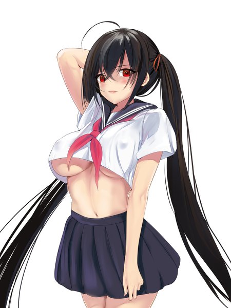 Anime picture 900x1200 with azur lane taihou (azur lane) schreibe shura single tall image looking at viewer blush fringe breasts light erotic black hair simple background hair between eyes red eyes large breasts standing white background twintails payot ahoge