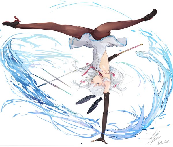Anime picture 1952x1665 with kantai collection murakumo destroyer marumoru single long hair looking at viewer fringe highres blue eyes light erotic simple background white background signed silver hair full body arm support armpit (armpits) high heels alternate costume bare back