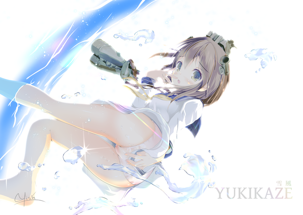 イラスト 1920x1360 と 艦隊これくしょん 雪風(艦これ) わいっしゅ ソロ 長髪 赤面 highres light erotic 茶色の髪 白背景 黄色眼 parted lips looking back inscription legs character names finger to mouth 女の子 髪飾り 下着