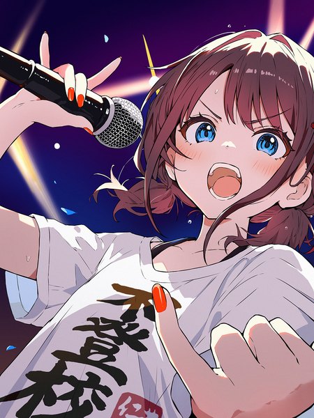 Anime picture 1125x1500 with girls band cry toei animation iseri nina qiufengxiaose single tall image looking at viewer blush open mouth blue eyes brown hair twintails upper body nail polish from below sweat low twintails short twintails clothes writing red nail polish