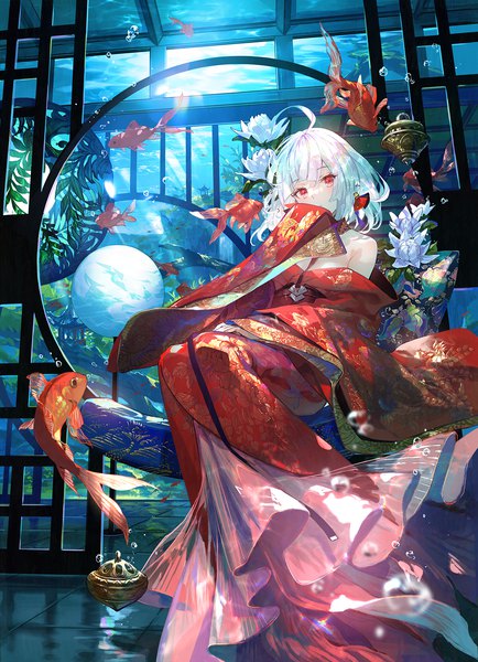 Anime picture 1231x1700 with original fuzichoco single tall image looking at viewer blush fringe short hair breasts hair between eyes red eyes large breasts sitting silver hair ahoge bent knee (knees) blunt bangs long sleeves traditional clothes head tilt