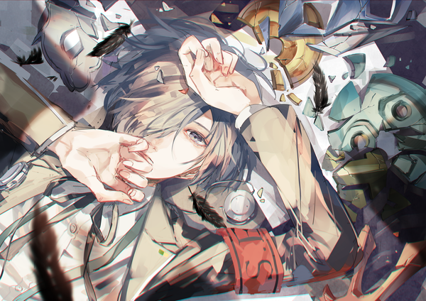 Anime picture 1414x1000 with persona 3 persona arisato minato syokumura single looking at viewer fringe short hair lying grey hair hair over one eye on back grey eyes hand on head boy headphones feather (feathers) armband debris